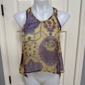 PIKO 1988 Women Tank Top Handkerchief Asymmetrical Hem Sheer Floral Chain NEW S
